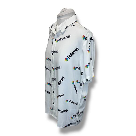 Polaroid Mens Shirt Short Sleeve Button Down Retro All-Over Graphic M White - Picture 3 of 11